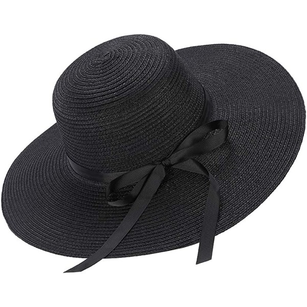 Kvinnors Halmhatt Sommar Bowknot Fällbar Hatt Solhatt (Svart)