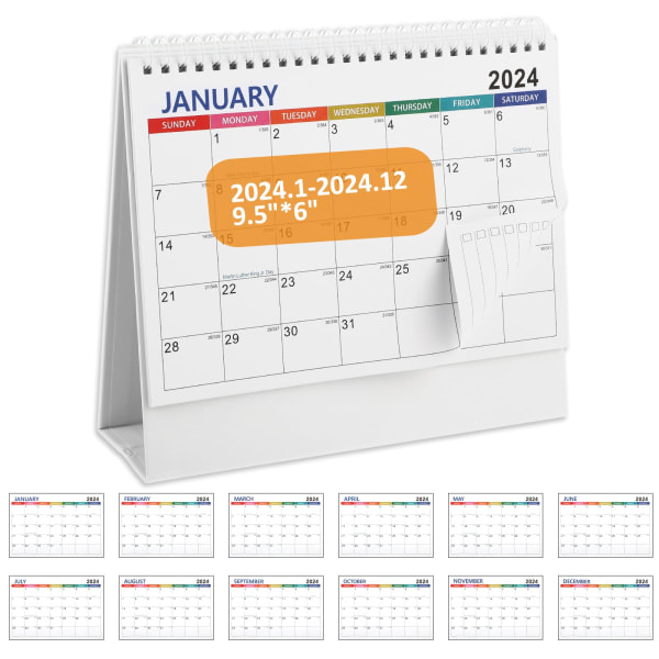 Liten skrivebords kalender 2024, stående flip skrivebords kalender jan. 2024 - des. 2024, 7,3\" x 9\", mini skrivebords kalender med gjøremålsliste side