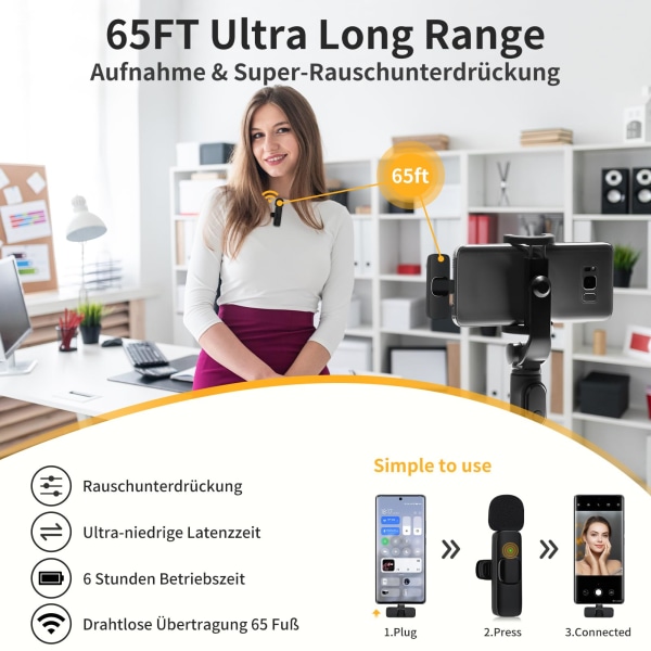 Trådløs Bluetooth-mikrofon for mobiltelefon, minikrofon for videoopptak, YouTube-strømming/vlog, støyreduksjon (USB-C med 1 mikrofon)