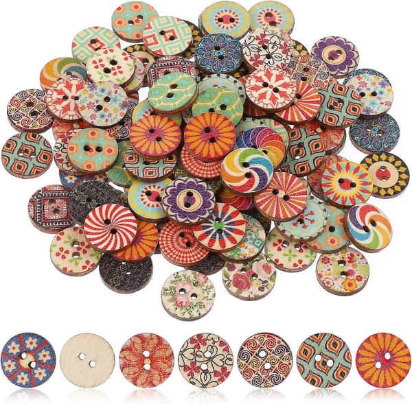 100 stk. træ syknapper, assorterede vintage runde blomsterknapper