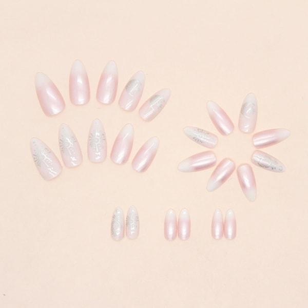 24 Pcs Aurora Almond Short False Nails,French Moon and Stars Press on Nails Pattern,Glossy Fake Nails Short,Oval Medium Stick on Nails for Women