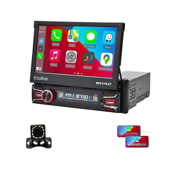 1din Bilstereo Trådlös Carplay Android Auto 7in Elektrisk Flip Ut Touch Screen Bilradio Bluetoot