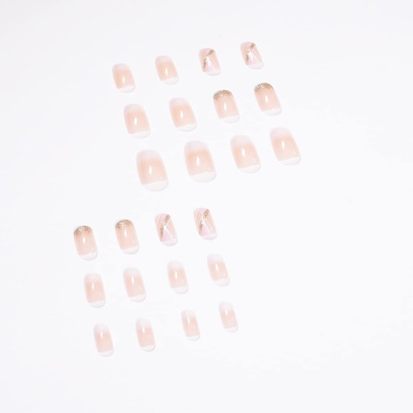 24 STK Korta kista falska naglar med klistermärken, akrylnaglar med full cover Tryck på naglar utan lim, rosa gradient franska falska naglar Stick på naglar