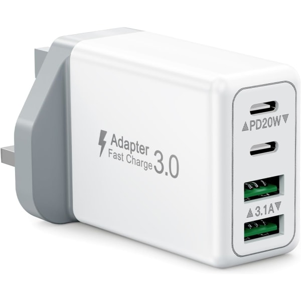 USB C-plugg, 55W 4-ports hurtigladerplugg UK Dual Port PD-strømadapter +QC Multinettvegglader Type C Ladeplugg for iPhone