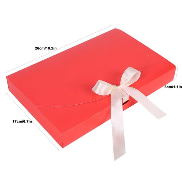 10 st presentförpackning, rektangulär kartongpresentask 26 * 17,5 * 3 cm med lock & dekorativt satinband, texturerad presentask, röd red