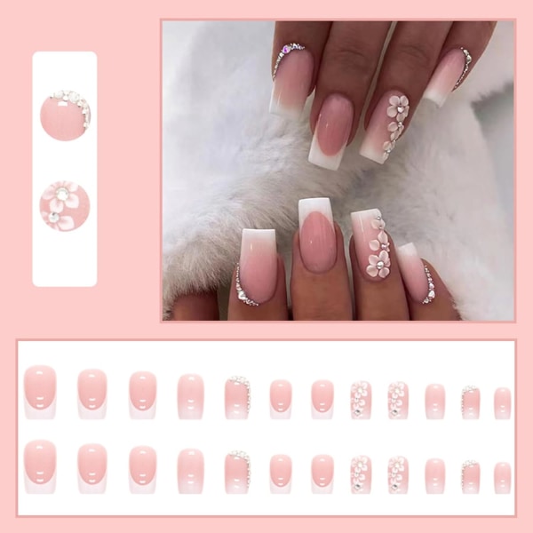Franske falske negler, blomsterpress på negler mellomlang lengde, hvite spiss firkantede akryl stick on negler med rhinestones design, avtagbare elegante falske negler