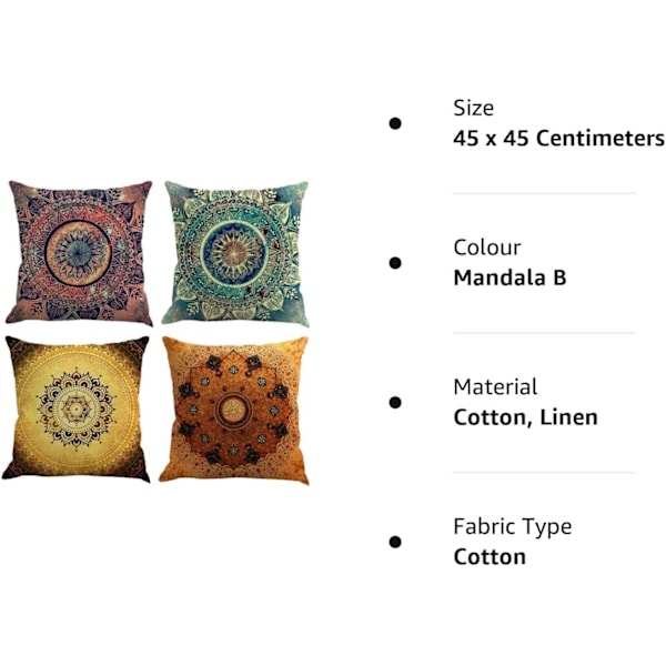Set med 4 Mandala-kuddfodral, bohemisk dekorativ fyrkantig 18 x 18 tum 45 x 45 cm Boho-kudde