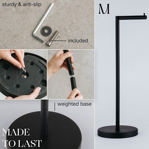 Fritstående toiletpapirholder stativ. Badeværelsesopbevaring til 4 ruller toiletpapir | Moderne matsort toiletpapirholder i rustfrit stål. black