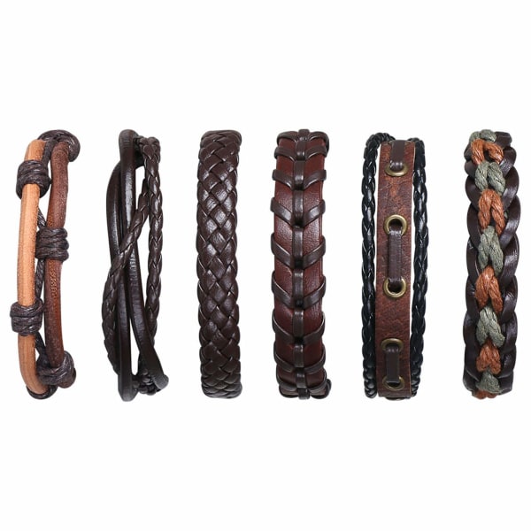 Läderarmband, 6 st justerbara fashion punk flätade herr- och damarmband rep armband manschett vintage armband wrap set serie