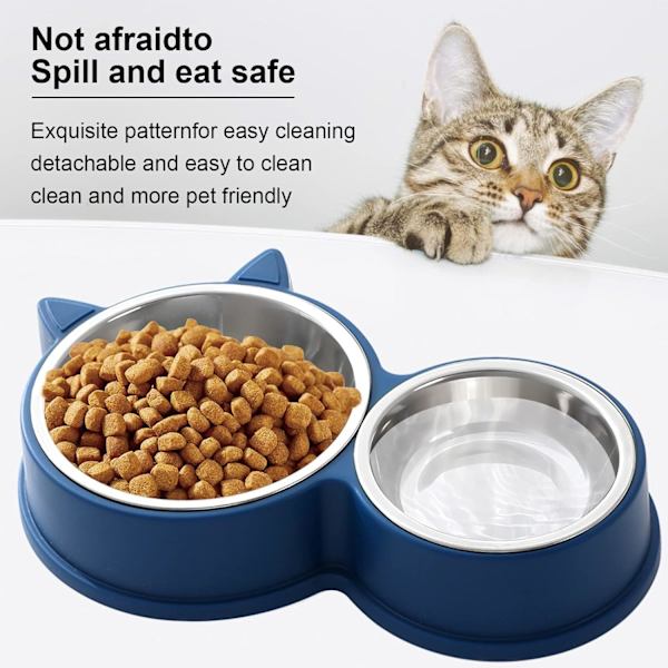 Set med dubbla kattmatskålar i rostfritt stål, halkfri bas, diskmaskinsäker - för torr- och våtfoder, söt kattdesign (blå)