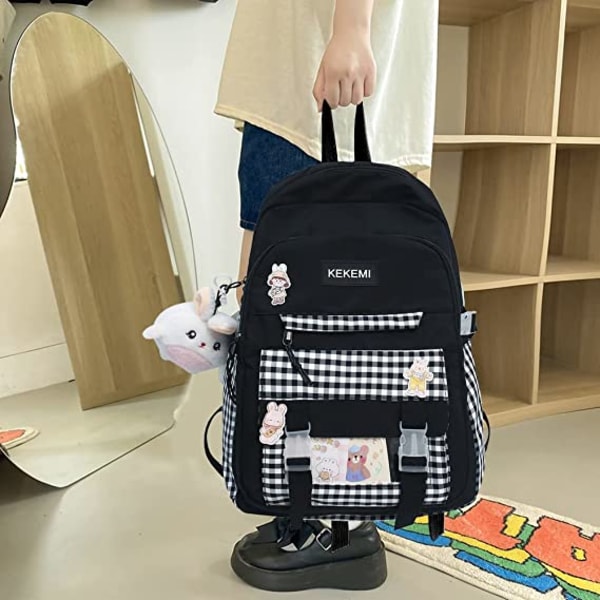 Kawaii Harajuku Rygsæk Sød Ternet Studenter Rygsæk (Sort)