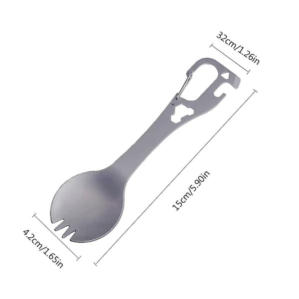 5 i 1 Rustfrit Stål Spork Camping Bestik med Ske, Gaffel, Flaskeåbner silver