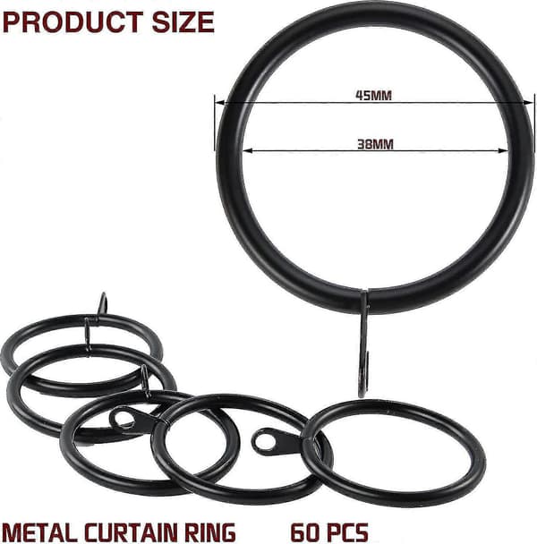 Pakke med 60 metalgardinringe med øjer og stænger 38 mm indvendig diameter (sort)