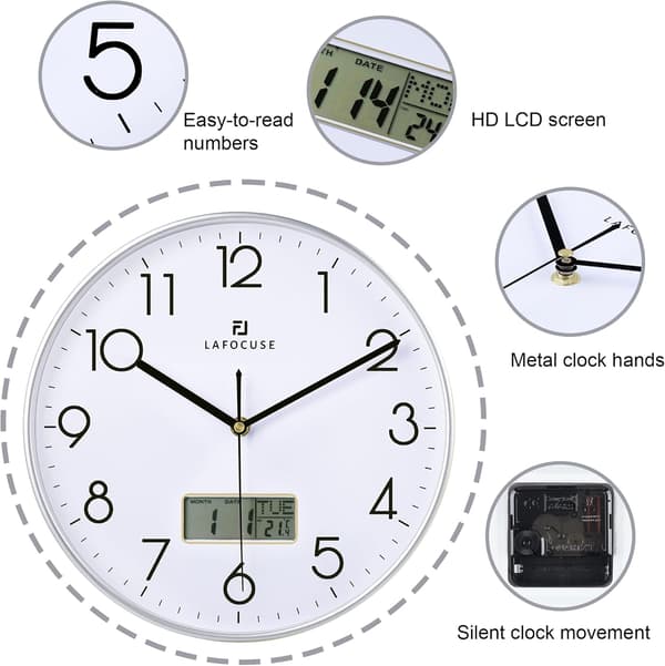 Tyst Kök Väggklocka med Datum och Dagtemperatur, Silver Väggklockor för Vardagsrum Modernt Sovrum, LCD-Display Kvarts Digital Väggklocka silver