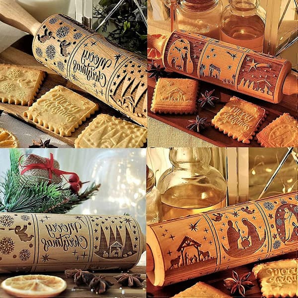 Gravert Julekrybbe Kjevle, DIY Kakeverktøy med Preget Gravering Kjevle for Baking Pregede Kaker (1 stk)