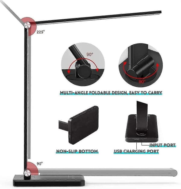 LED-skrivebordslampe med trådløs opladning, sort, 33*12*39 cm