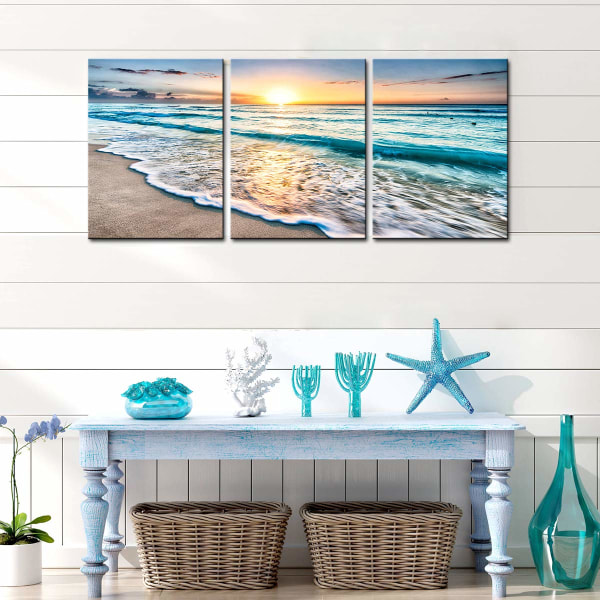 Stranddekor Innrammet veggkunst - 3 panel Sea Wave solnedgang plakat Lerretsutskrift Hjemmekontordekorasjoner til stuen