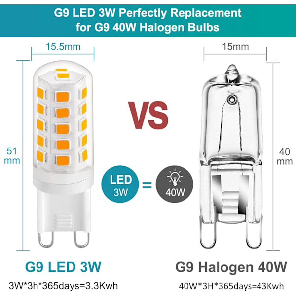 G9 LED-pære 3W varm hvit 2700K, LED-lyspærer 420LM, 5-pakning