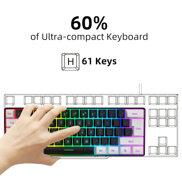 60% Trådløst Spilltastatur, Lite RGB Bakgrunnsbelyst Membran Spilltastatur, Ultra-Kompakt Mini Vanntett Tastatur for PC Dataspillere