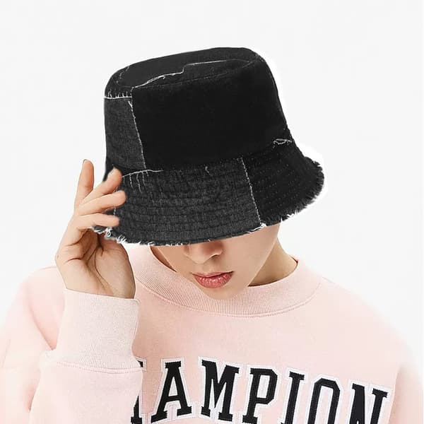 Unisex Denim Vasket Bomull Bøttehatt Vintage Solhatt (Svart)