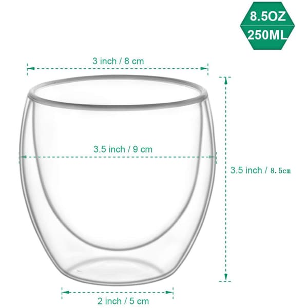 stk. Dobbeltvæggede kopper glaskrus, klare dobbeltvæggede kaffekopper, dobbeltvæggede, cappuccino, latte og isolerede (250 ml)