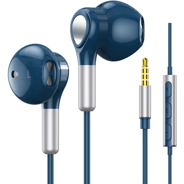 Kablede hovedtelefoner, in-ear kablede øretelefoner, halv i øret hovedtelefoner 3,5 mm jack, kablede hovedtelefoner med mikrofon og lydstyrkekontrol BLUE