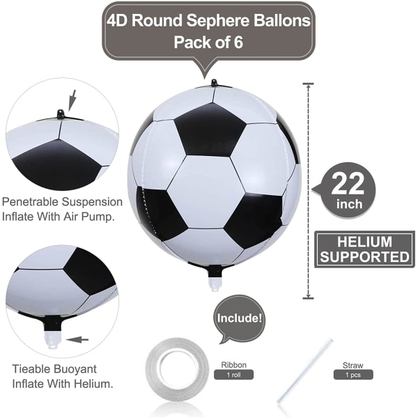 6 Pack 22" Soccer Foil Balloons 4D World Cup Party Decor