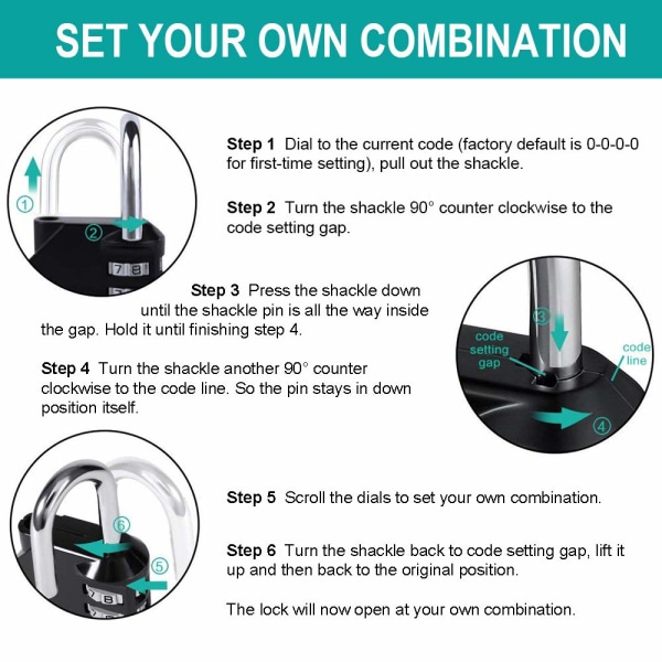 Kombinasjonslås hengelås, 4-sifret kodet hengelås, treningslås (svart)
