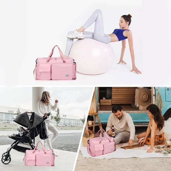 Sportsbag for kvinner og menn med skosrom, weekendbag for reiser og overnatting for kvinner, sammenleggbar vanntett bag pink