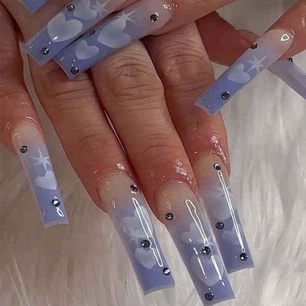 Blå Gradient Tryk på Negle 24PCS Ekstra Lange Rhinestone Falske Negle Blanke Hjerte Falske Negle Fuld Dækning Design Negle til Kvinder Daglig Dating Dekoration Blue