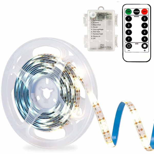 3 m batteri LED Strip-ljus med fjärrkontroll, LED-lampor Strip Vattentät, 8 lägen, Dimbar, Timer, Självhäftande (Cool White)