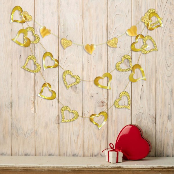 3x Gör-det-själv alla hjärtans dag-banners, hjärtpappersgirland, Valentines Bunting-banderollsnöre för festbröllopsduschjubileum, guld