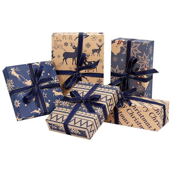 Julegavepapirark, resirkulert kraftpapir - 5 marineblå juletemadesign - 10 ark - 70 x 50 cm per ark