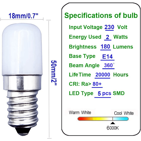 [2 kpl] E14 Pieni 2W LED-ruuvilamppu Kylmä Valkoinen Valo 6000K