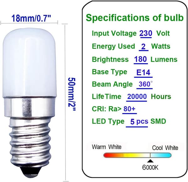 [2 stk.] E14 Lille 2W LED Skruepære Koldt Hvidt Lys 6000K