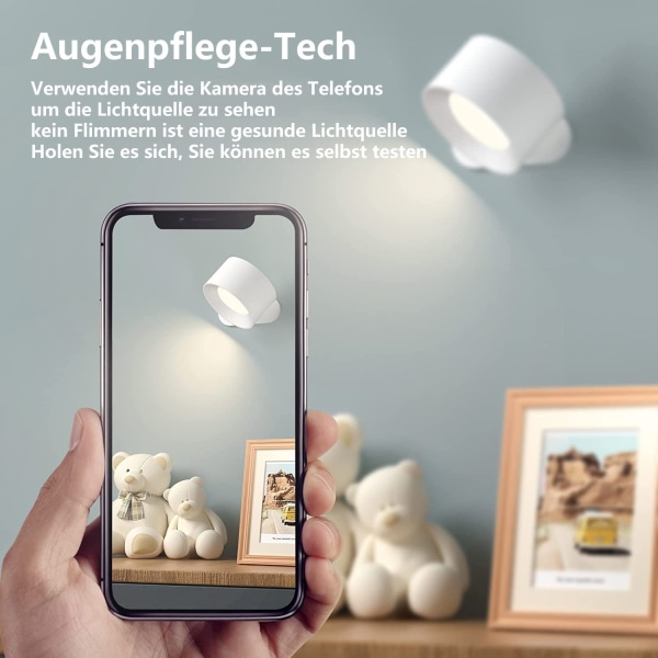 LED indendørs væglampe, væglampe med batteri, 1 stk., berøringskontrol, 3 lysstyrkeniveauer, 360° roterende, til stue, soveværelse, trappe (hvid)