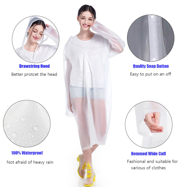 EVA Regnponcho för Vuxna, 2-Pack Återanvändbara Regnrockar med Huvor och Ärmar Lätt Regnjacka, Vit white