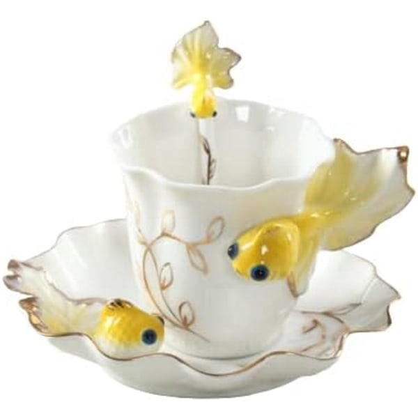 Keramisk tekopp, 3D guldfisk kaffemuggar set, handgjord porslin emalj guldfisk kaffekopp med fat och sked set porslin tekopp yellow