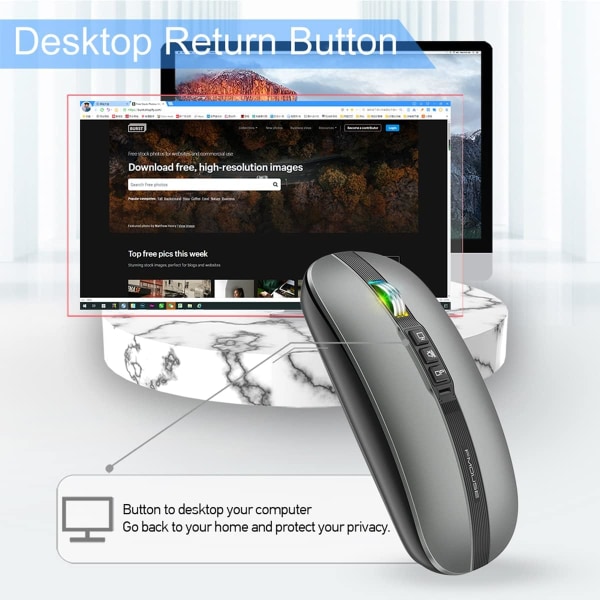 Bluetooth-mus for bærbar datamaskin, slanke og stille trådløse reisemus USB C Oppladbar 2400 DPI Dual Mode med USB-mottaker grey