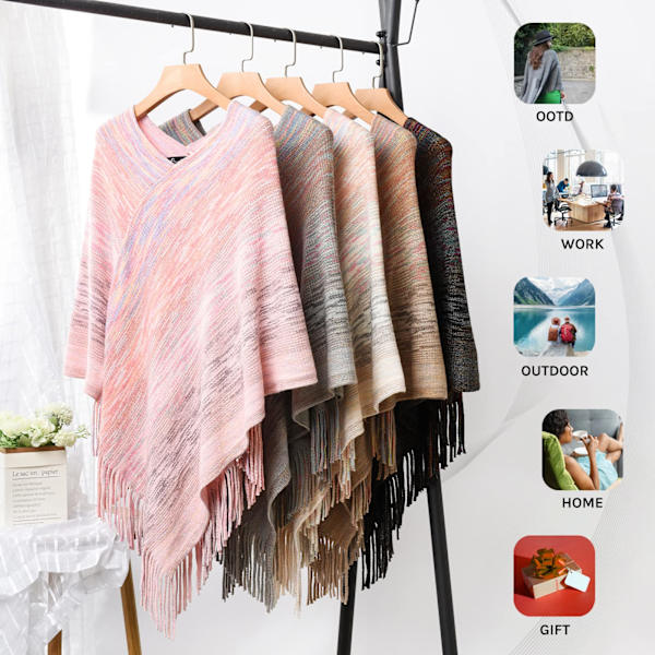 Tyylisä poncho naisille, pehmeä ja kevyt neulottu poncho-neule, jossa on muodikkaat reunukset ja monivärinen lanka