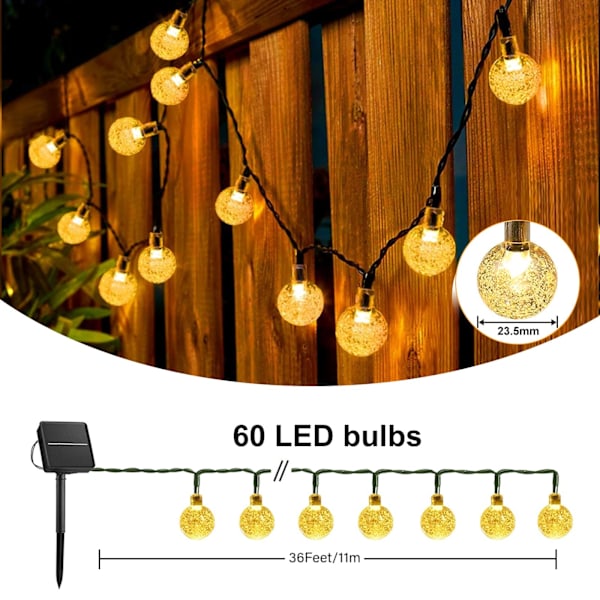 Aurinkokennovalot ulkokäyttöön, 9m 60 LED aurinkokäyttöiset valosarjat, 8 tilaa, IP65 vedenpitävä, puutarhaan, patiolle, häihin, juhliin ja koristeluun (Lämmin valkoinen)