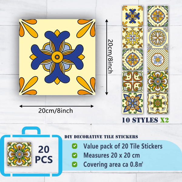 Pakkauksessa 20 keittiön laattatarraa, (20 x 20 cm, keltainen)