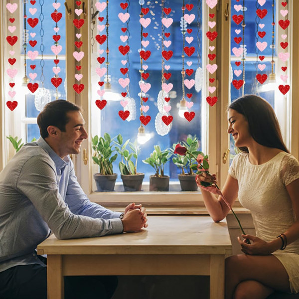 Rød rosa hjertegirlander Valentinsdagdekorasjon, Valentinsdag papirhjertegirlander Festdekorasjon, Glitterhjertegirlander Vimpelbanner