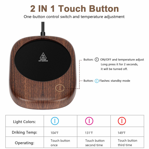 Kaffevarmer, med 3 justerbare temperaturindstillinger (op til 149℉) og automatisk slukning, elektrisk drikkevarmer til kakao, te, mælk, drikkevarer