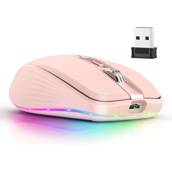 2.4G+BT5.1 Trådløs mus for datamaskin Spillmus Ergonomisk design 4-trinns justerbar DPI Innebygd oppladbar batteri for bærbar PC pink
