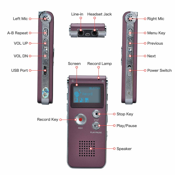 Bærbar digital stemmeoptager Lyd Lydoptager Diktafon LCD-optager MP3-afspiller-8GB (vinrød)