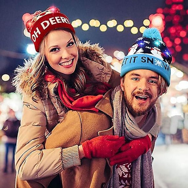 Varm LED-julehatt, Lysende Julehatt, Unisex Strikket Høytidshatt, Med Hjortemønster, Passer Til Fester (rød)