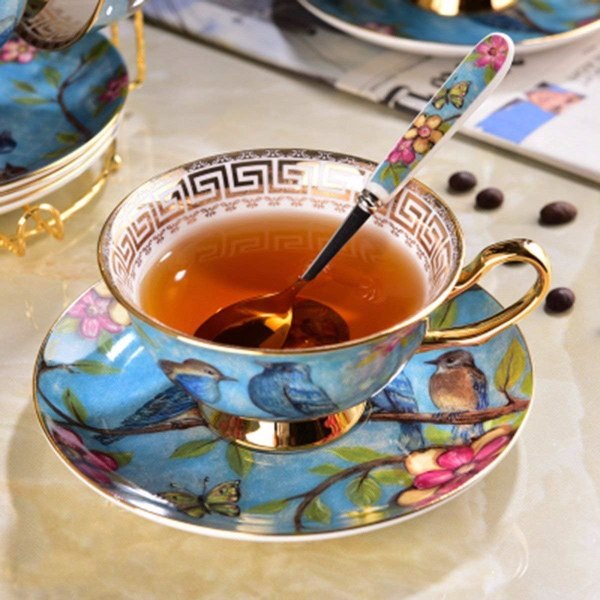 Tech Euro Style Kopp& Skålsett, Bone China Tekopp Kaffe Kopp for Frokost Hjem Kjøkken- Fugler og Trær Mønstre (Blå)