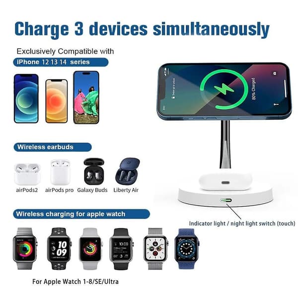 Dobbel trådløs lader hurtigladeplate for iPhone 12-14, Apple Watch og ørepropper