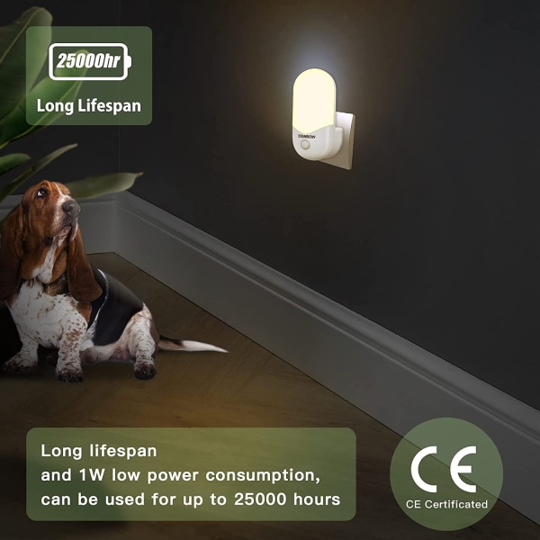 Nattlys stikkontakt i vegg, 2-pakke sensor LED-lys, automatisk lysstyrke dimbar, varmt hvitt stikkontakt nattlys for gang, trapper, soverom og mer